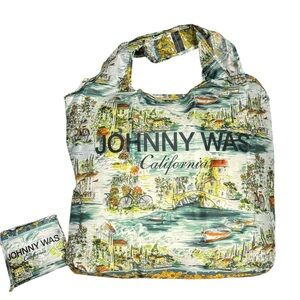 Johnny Was Reusable Nylon Shopping Tote with a European villagescape. NWT